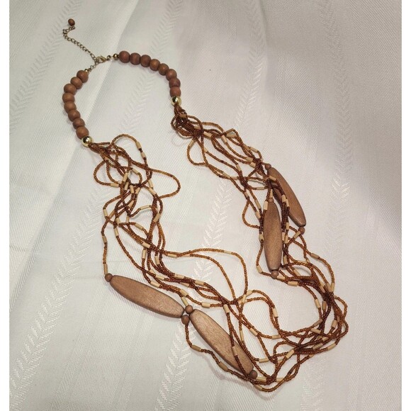 Handmade Necklace Multi Strand Wood Glass Bead Brown Bronze Tone 32" Boho Tribal - Picture 2 of 7